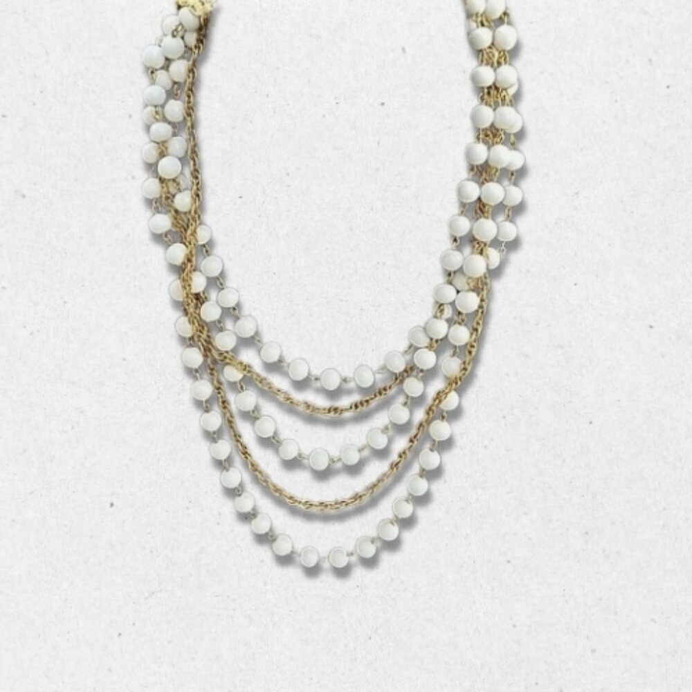 Vintage Milk Glass Beads Necklace Five Strand Style Lobster Clasp White/Gold OS